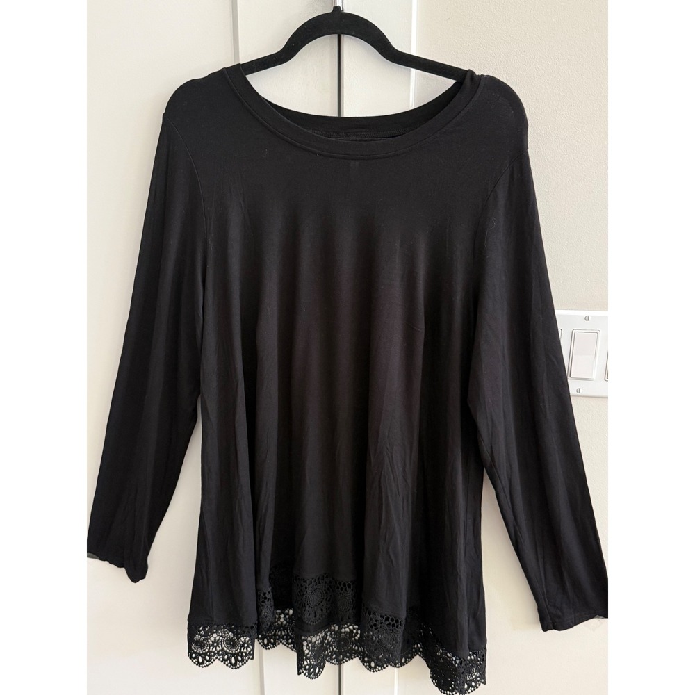 POPYOUNG Womens Black Long Sleeve Crochet Lace Hem Flowy Tunic Top Plus Size 2XL